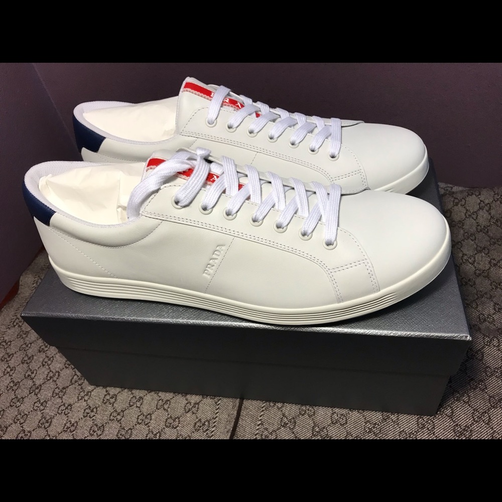 SOLD! New Prada White Blue Leather Sneakers